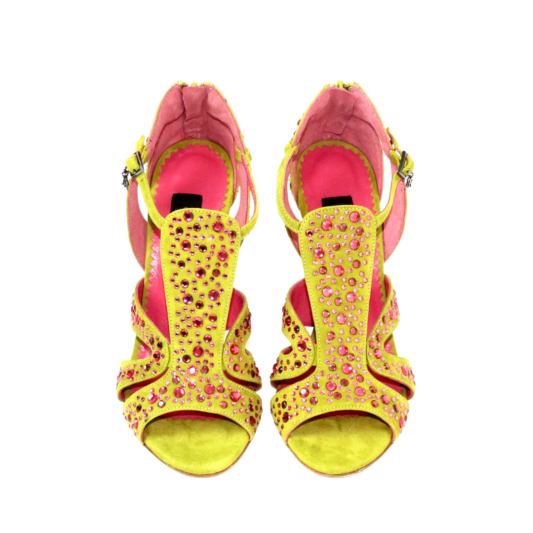 Scarpa sandalo in suede verde acido tempestata di pietre rosa con tacco     
