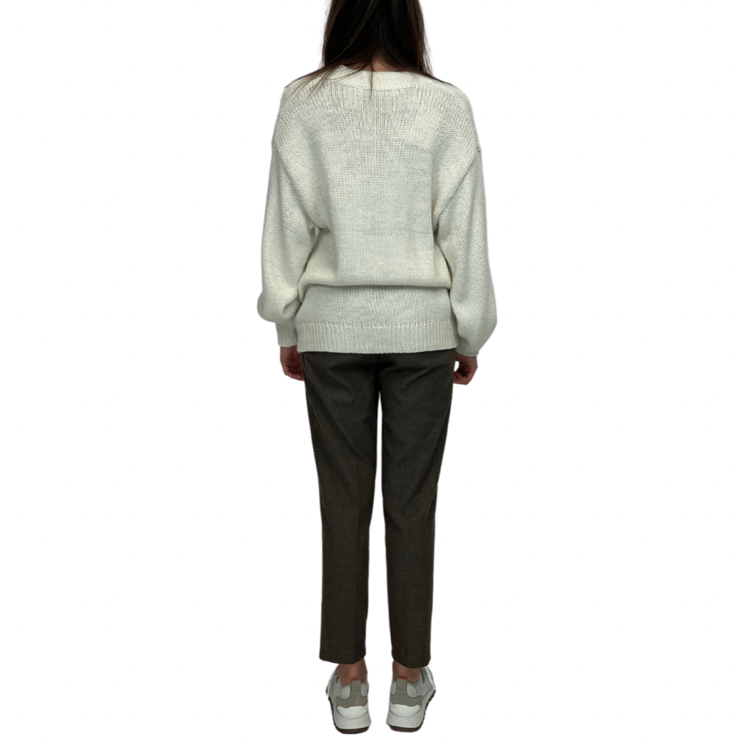 Cardigan panna in cashmere scollo a v a trecce grandi e bottoni scuri grandi modello over