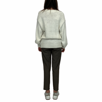 Cardigan panna in cashmere scollo a v a trecce grandi e bottoni scuri grandi modello over