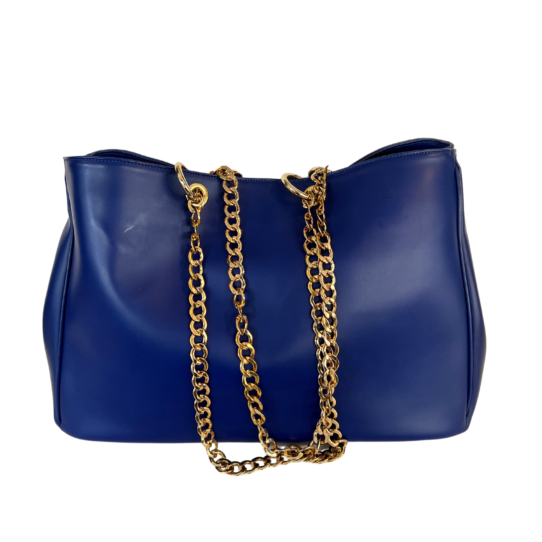 Borsa shopping bluette grande con manici a catena oro.