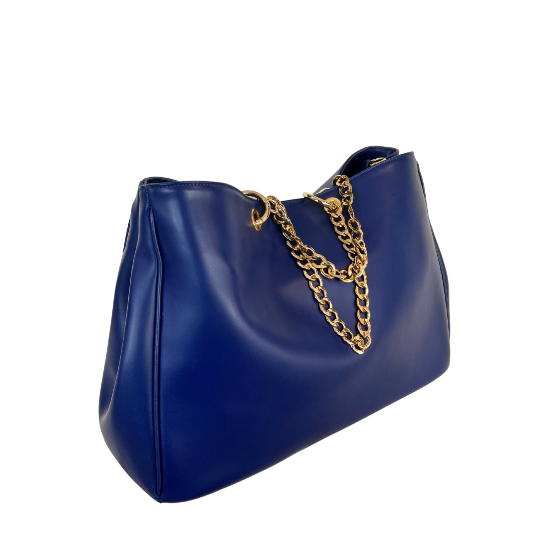 Borsa shopping bluette grande con manici a catena oro.