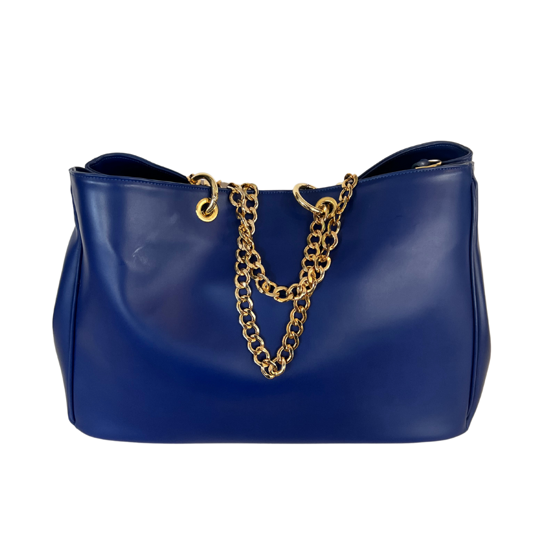 Borsa shopping bluette grande con manici a catena oro.